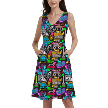 V-Neck Pocket Skater Dress - Neon Radiator Springs