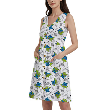 Button Front Pocket Dress - Little Green Aliens on White