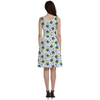 V-Neck Pocket Skater Dress - Little Green Aliens on White