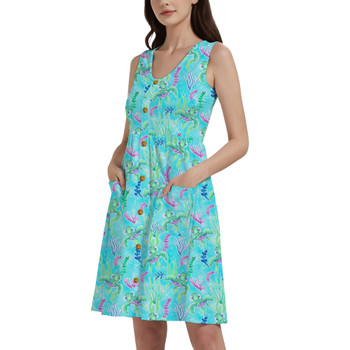 Button Front Pocket Dress - Neon Floral Baby Turtle Squirt