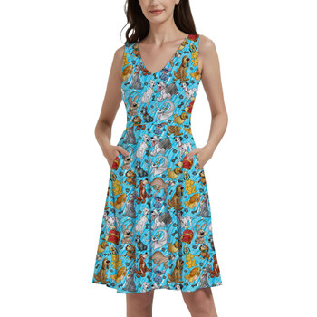 V-Neck Pocket Skater Dress - Sketched Disney Dogs