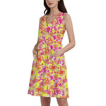 Button Front Pocket Dress - Neon Tropical Floral Mickey & Friends