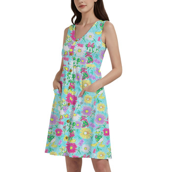 Button Front Pocket Dress - Neon Spring Floral Mickey & Friends