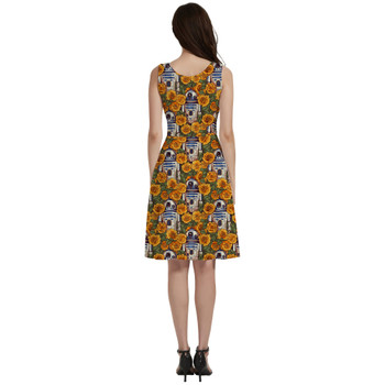 V-Neck Pocket Skater Dress - Retro Floral R2D2 Droid