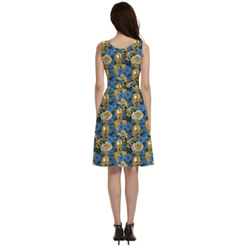 V-Neck Pocket Skater Dress - Retro Floral C3PO Droid