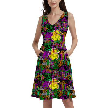 V-Neck Pocket Skater Dress - Neon Halloween Nightmare