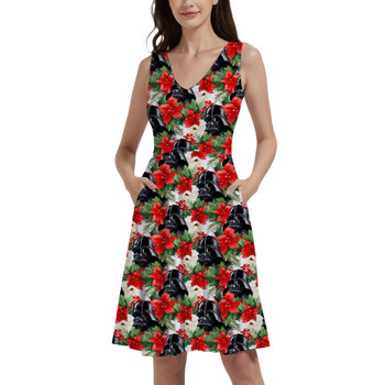 V-Neck Pocket Skater Dress - Vader Holiday Christmas Poinsettias