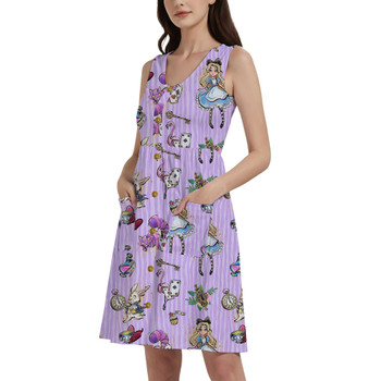 Button Front Pocket Dress - Whimsical Alice And The White Rabbit