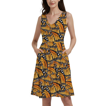 V-Neck Pocket Skater Dress - Animal Print - Monarch Butterfly