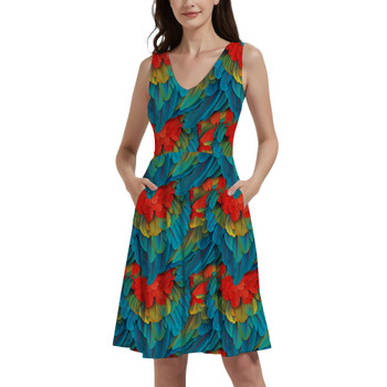 V-Neck Pocket Skater Dress - Animal Print - Macaw Parrot