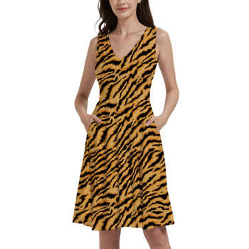V-Neck Pocket Skater Dress - Animal Print - Tiger