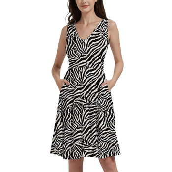 V-Neck Pocket Skater Dress - Animal Print - Zebra