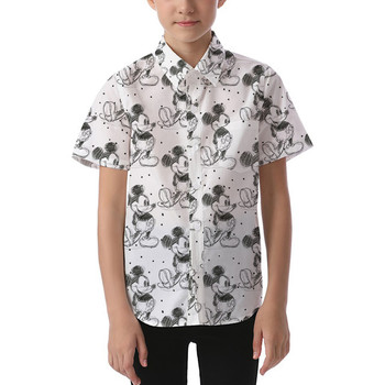 Kids' Button Down Short Sleeve Shirt - 6 - Sketch of Mickey Mouse -  READY TO SHIP 