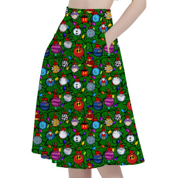 A-Line Pocket Skirt - Disney Christmas Baubles on Green