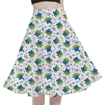 A-Line Pocket Skirt - Little Green Aliens on White