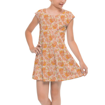 Girls Cap Sleeve Pleated Dress - Summer Fruits - Oranges