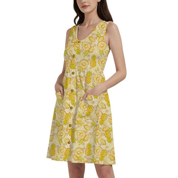 Button Front Pocket Dress - Summer Fruits - Pineapple