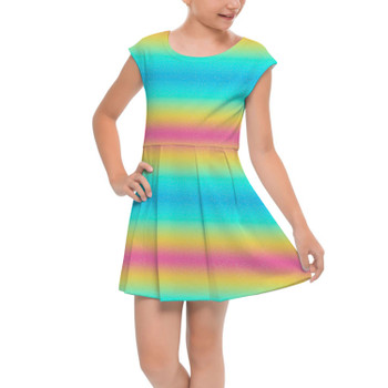 Girls Cap Sleeve Pleated Dress - Rainbow Ombre