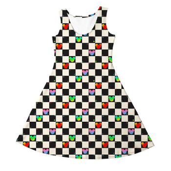 Girls Sleeveless Dress - Rainbow Checker Mouse Ears