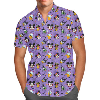 Men's Button Down Short Sleeve Shirt - Mickey & Friends Halloween Heads