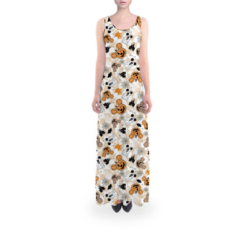 Flared Maxi Dress - Checkered Halloween Mouse Ear Ghosts & Pumpkins