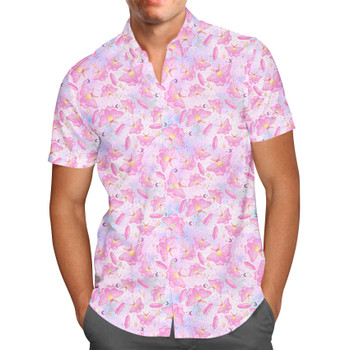 Men's Button Down Short Sleeve Shirt - Pink Crystal Lunar Moths