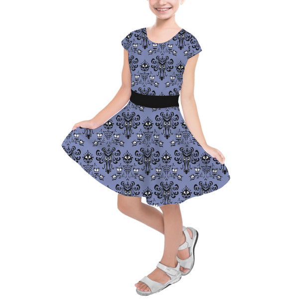 Girls Short Sleeve Skater Dress - Haunted Mansion Wallpaper