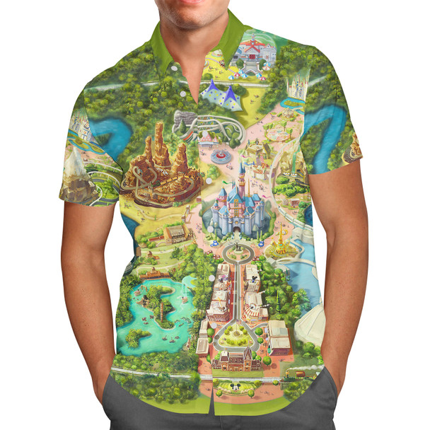 Men's Button Down Short Sleeve Shirt - Disneyland Colorful Map