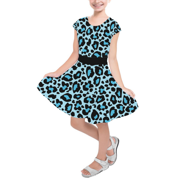 Girls Short Sleeve Skater Dress - Ken's Bright Blue Leopard Print