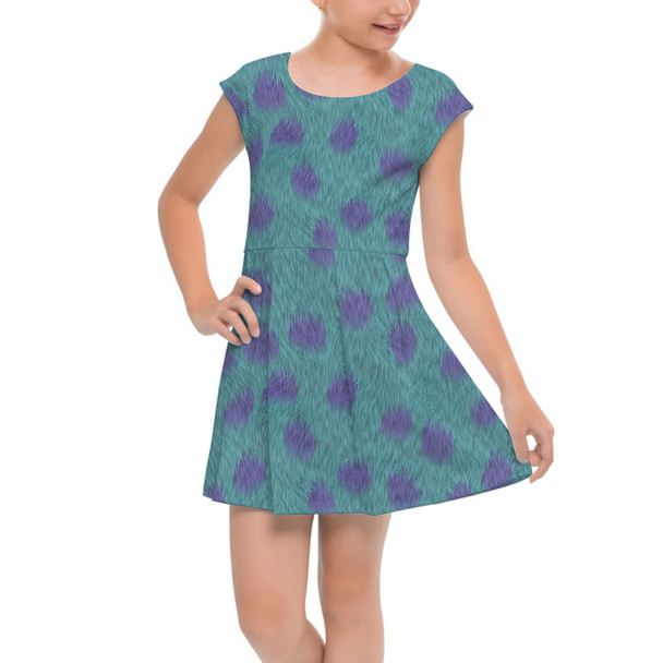 Girls Cap Sleeve Pleated Dress - Sully Fur Monsters Inc Inspired