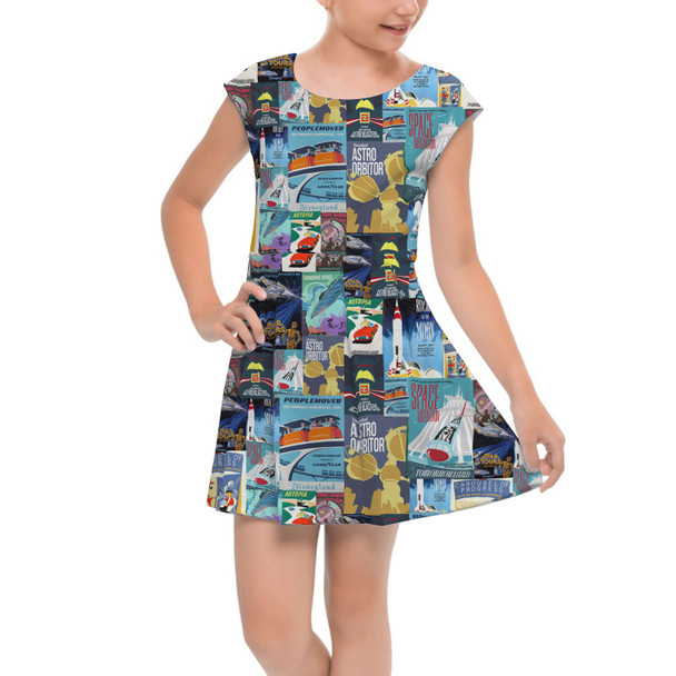 Girls Cap Sleeve Pleated Dress - Tomorrowland Vintage Attraction Posters