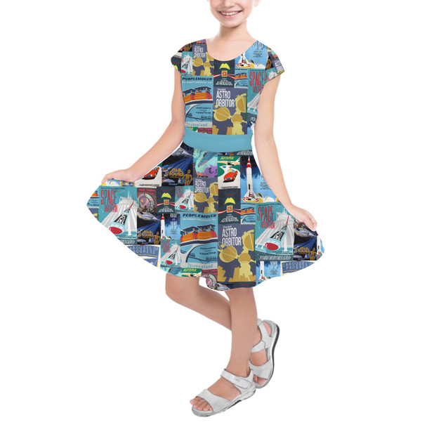 Girls Short Sleeve Skater Dress - Tomorrowland Vintage Attraction Posters