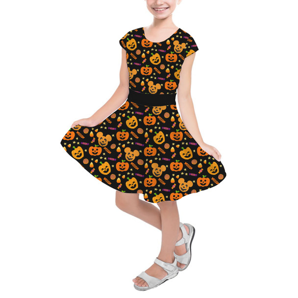 Girls Short Sleeve Skater Dress - Halloween Mickey Pumpkins