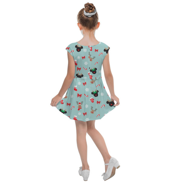 Girls Cap Sleeve Pleated Dress - Christmas Mickey & Minnie Reindeers