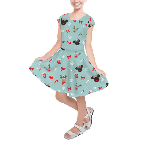 Girls Short Sleeve Skater Dress - Christmas Mickey & Minnie Reindeers