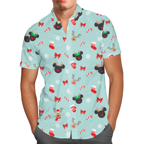 Men's Button Down Short Sleeve Shirt - Christmas Mickey & Minnie Reindeers