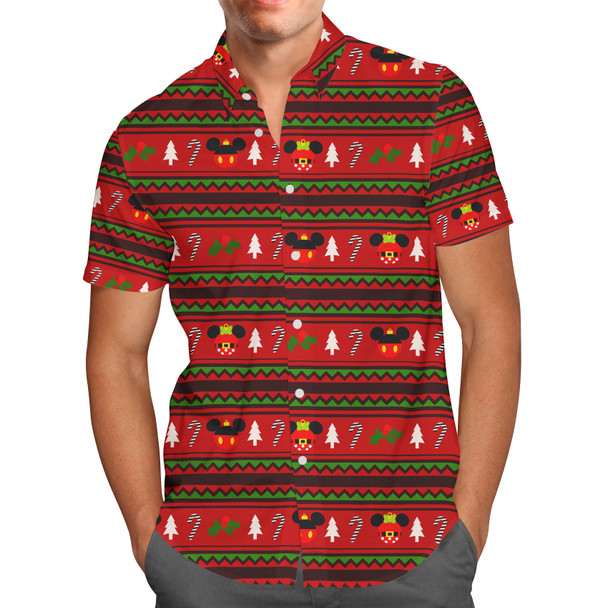Men's Button Down Short Sleeve Shirt - Christmas Mickey & Minnie Sweater Pattern