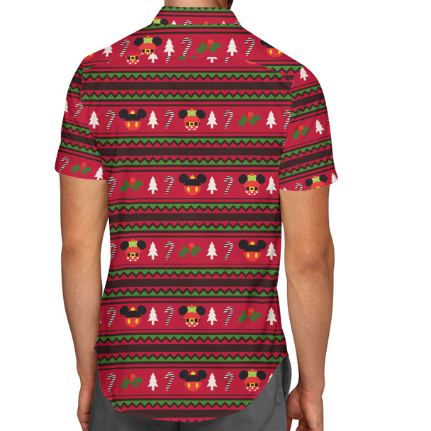 Men's Button Down Short Sleeve Shirt - Christmas Mickey & Minnie Sweater Pattern