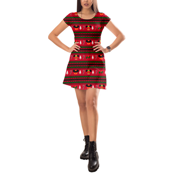 Short Sleeve Dress - Christmas Mickey & Minnie Sweater Pattern