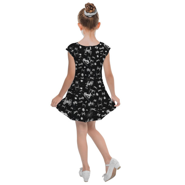 Girls Cap Sleeve Pleated Dress - Space Ship Battle Star Wars Inspired