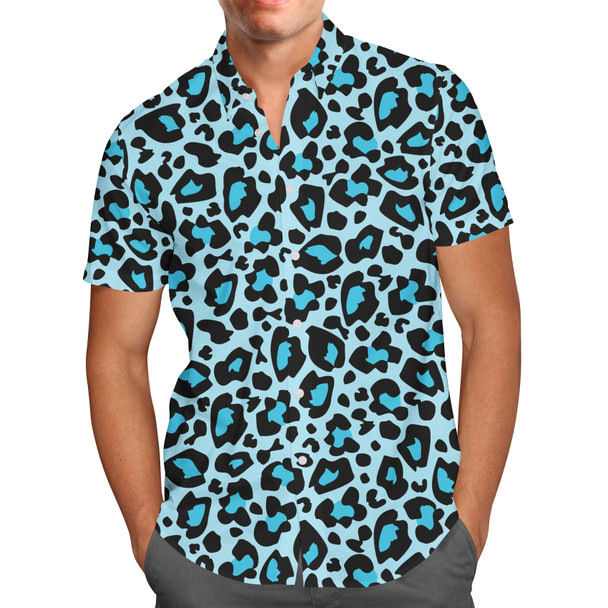 Men's Button Down Short Sleeve Shirt - Ken's Bright Blue Leopard Print