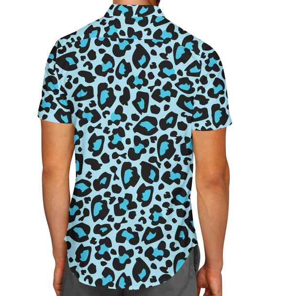 Men's Button Down Short Sleeve Shirt - Ken's Bright Blue Leopard Print