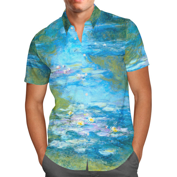 Men's Button Down Short Sleeve Shirt - Monet Water Lillies