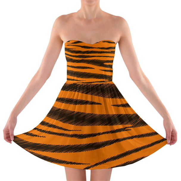 Sweetheart Strapless Skater Dress - Tigger Stripes Winnie The Pooh Inspired