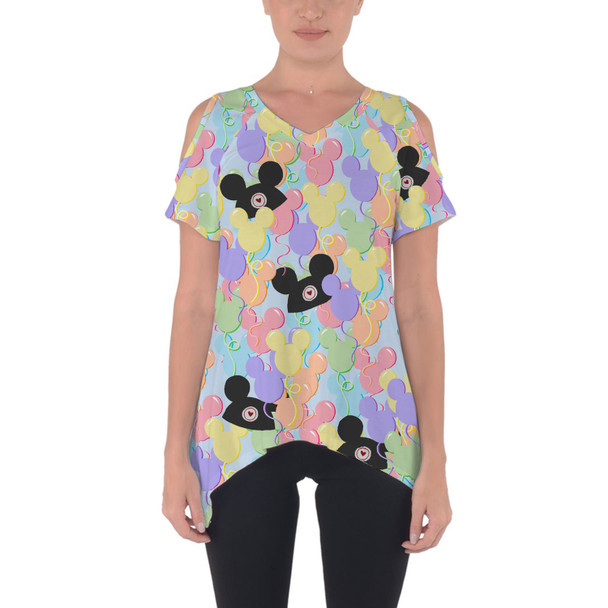 Cold Shoulder Tunic Top - Pastel Mickey Ears Balloons Disney Inspired