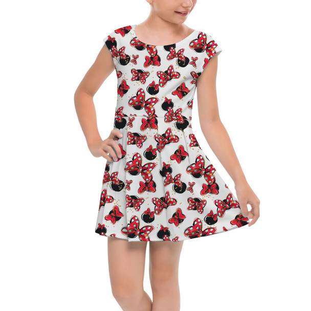 Girls Cap Sleeve Pleated Dress - Minnie Bows and Mouse Ears