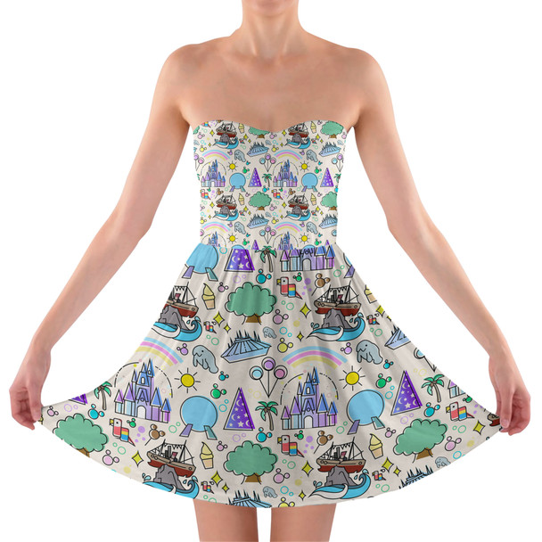 Sweetheart Strapless Skater Dress - Walt Disney World Park Icons Light