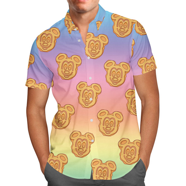 Men's Button Down Short Sleeve Shirt - Mickey Waffles Rainbow