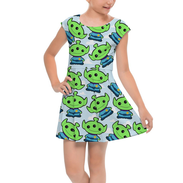 Girls Cap Sleeve Pleated Dress - Little Green Aliens Toy Story Inspired