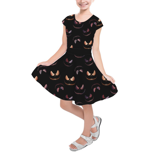 Girls Short Sleeve Skater Dress - Pumpkin King Halloween Inspired
